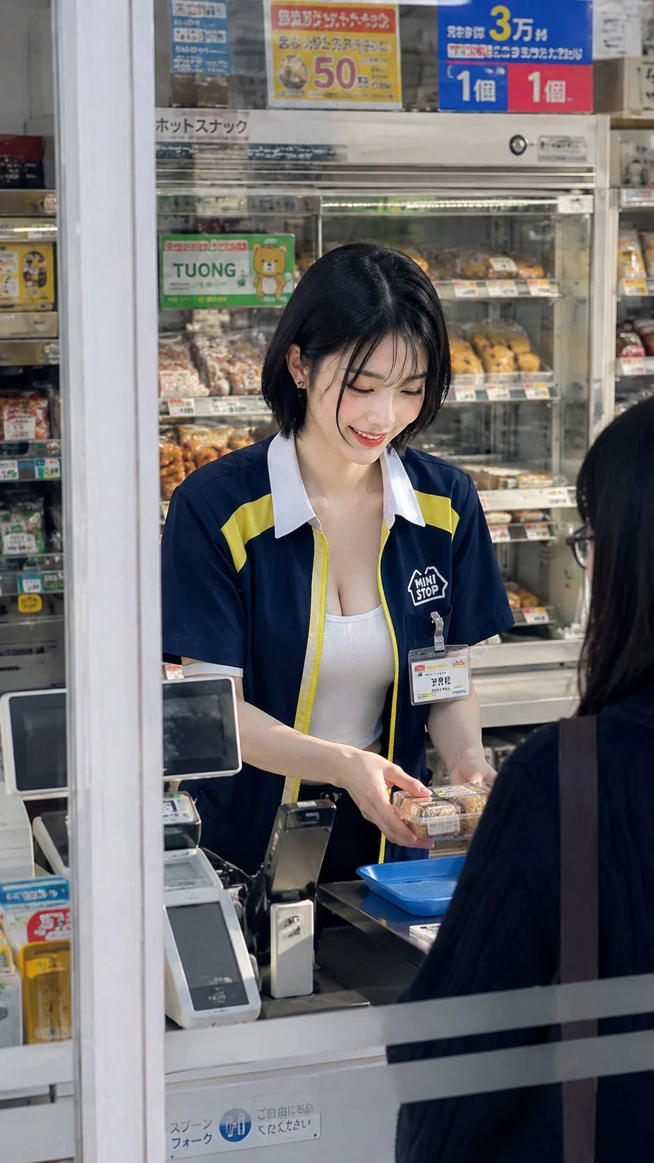A shop employee in a navy-and-yellow uniform works behind a counter viewed through a glass storefront.