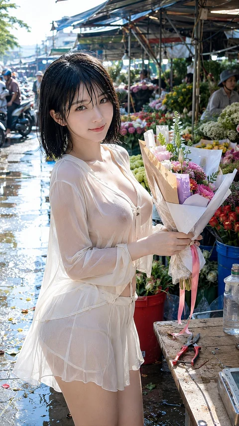 A woman in a pale outfit holds a wrapped bouquet beside a colorful outdoor flower stall.