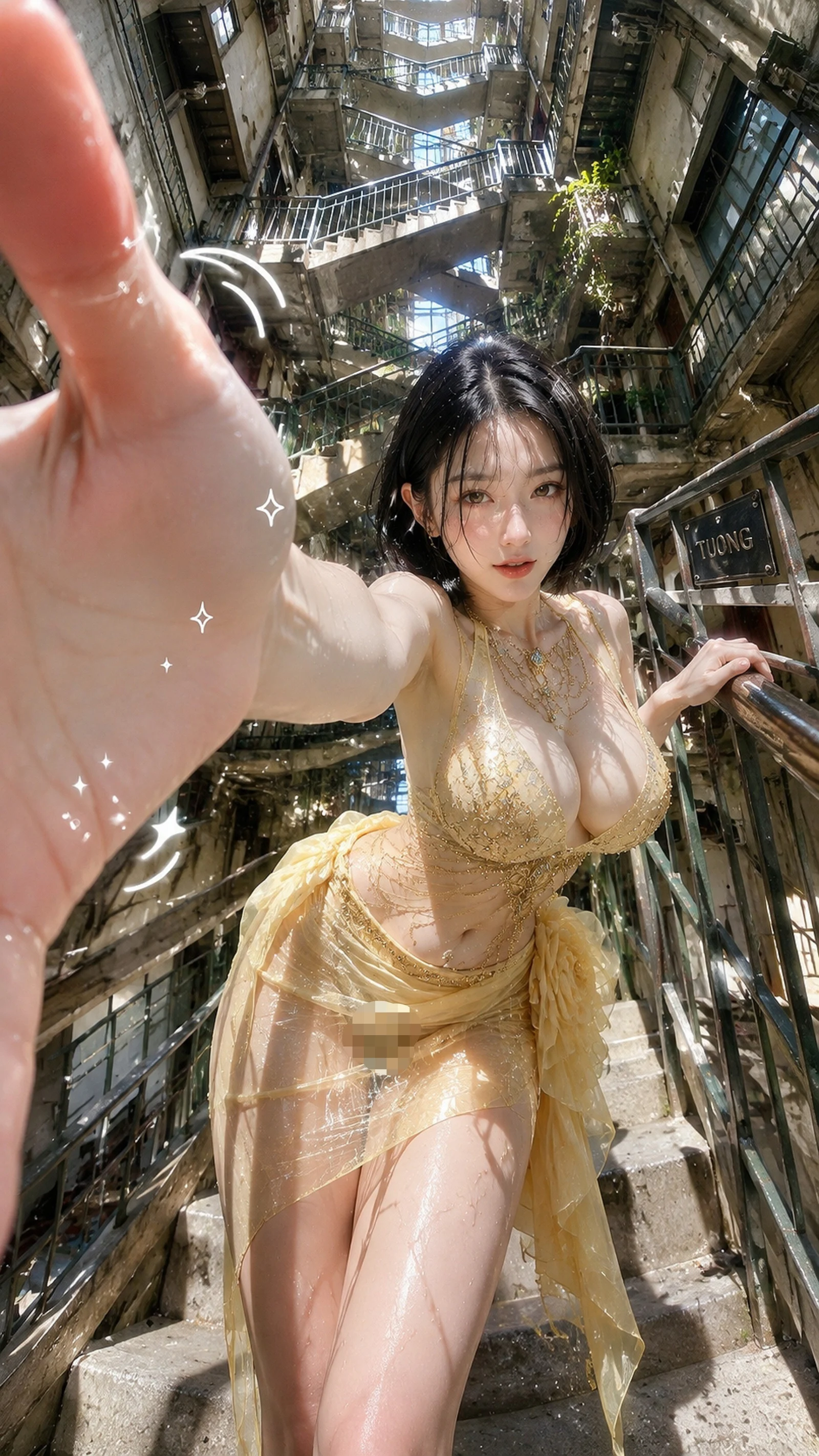 A woman in a pale gold outfit reaches toward the camera along a narrow covered market aisle.
