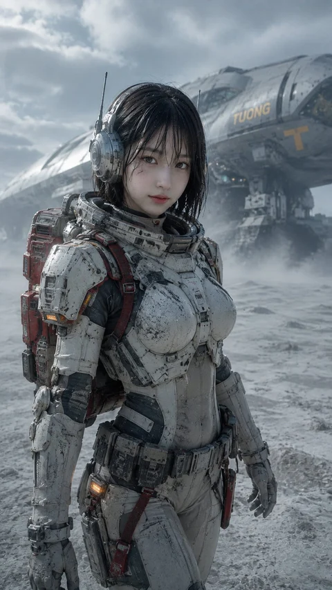 A dark-haired woman in weathered futuristic armor stands before a large spacecraft in a cold, misty landscape.