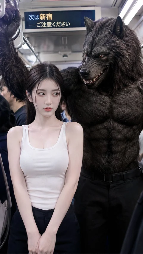 A woman in a white sleeveless top stands in a train beside a towering muscular wolf-like fantasy figure.