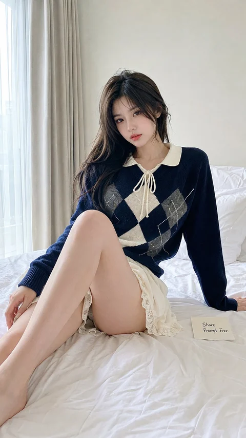 A woman in a dark argyle sweater and white skirt sits on a bed beside a bright window.
