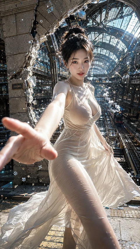 A woman in a flowing gold dress reaches toward the camera amid reflective fragments in a large damaged interior.