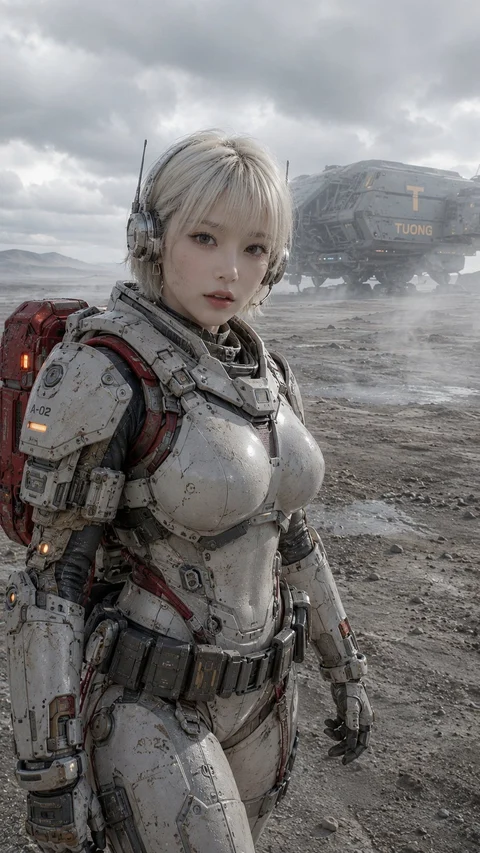 A short-haired woman in detailed silver armor stands on rocky ground beneath a gray sky.
