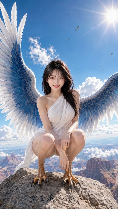 A figure with large blue-and-white wings crouches on a rock above a mountain landscape.