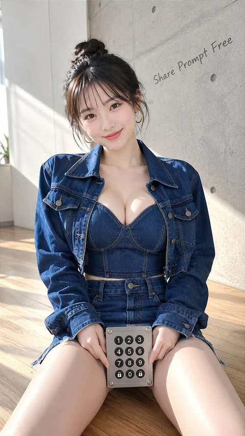 A woman in denim sits on a wooden seat holding a large cube marked with circular dots.