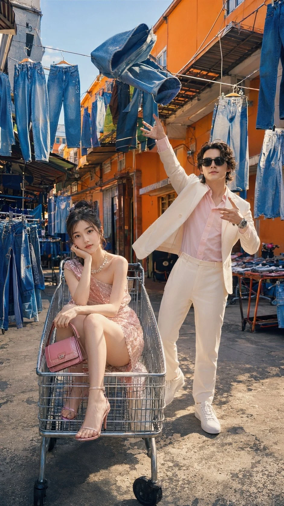 Two people in pale clothing pose beside a chair and floating denim garments on a colorful street.