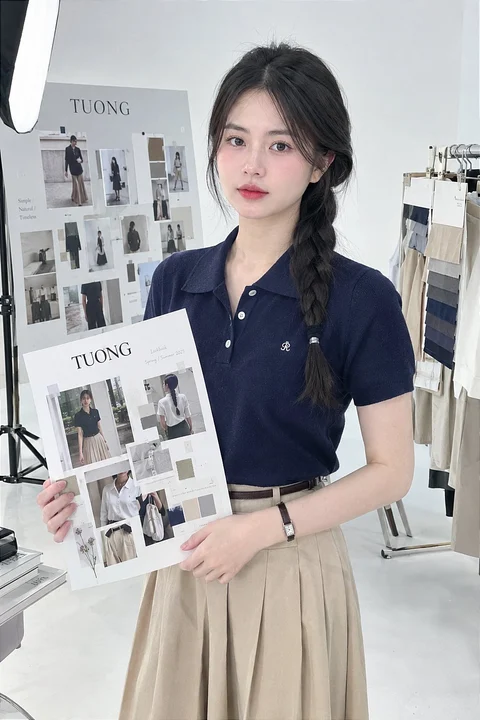 A person in a navy polo shirt and beige pleated skirt holds a printed reference board in a bright workspace.